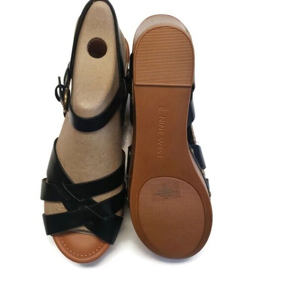 Nine West Womens Size 11 Annah3 Platform Wedge Open Toe Sandals Black Buckle - Picture 7 of 8